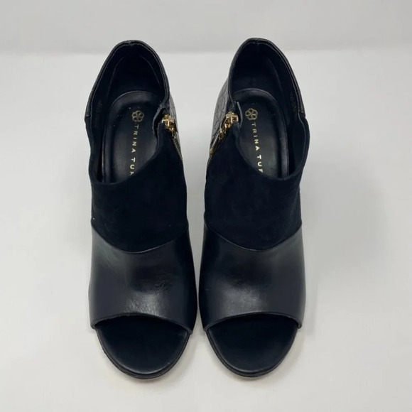 Trina Turk Los Gatos Open  Toe Leather Suede Croc Black Bootie Ankle Boot Sz 7.5 - Picture 3 of 10